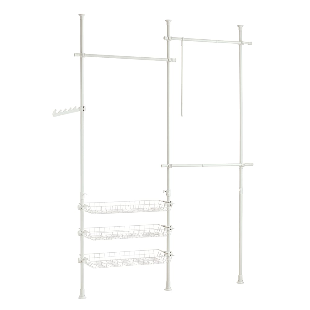 Portant de vêtement 3 barres 3 paniers cadre en métal blanc