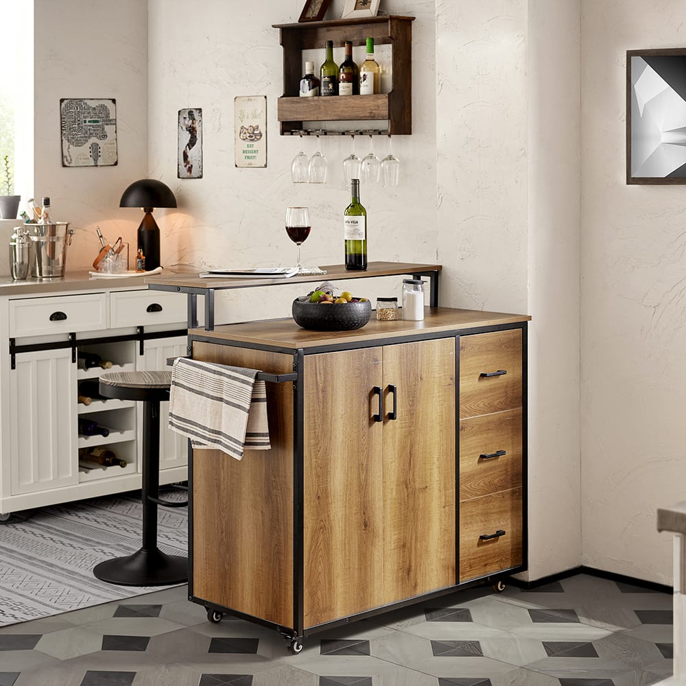 Îlot central avec 2 portes et 3 tiroirs en métal et effet bois marron
