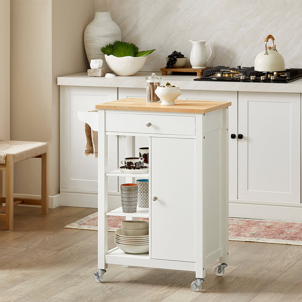 Desserte effet bois blanc à roulettes 1 tiroir 1 porte - Maisons du Monde