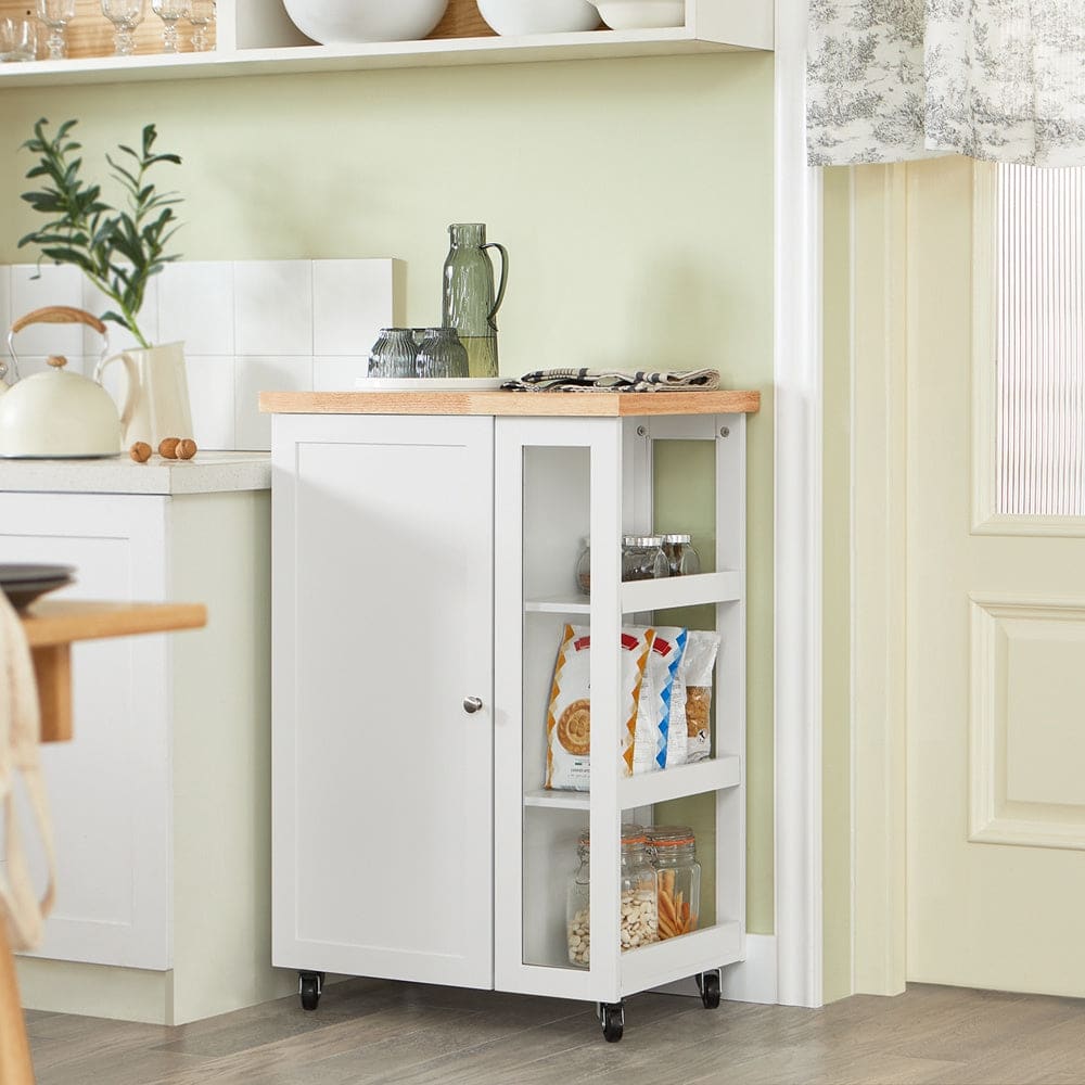 Desserte effet bois blanc à roulettes 1 porte 3 étagères