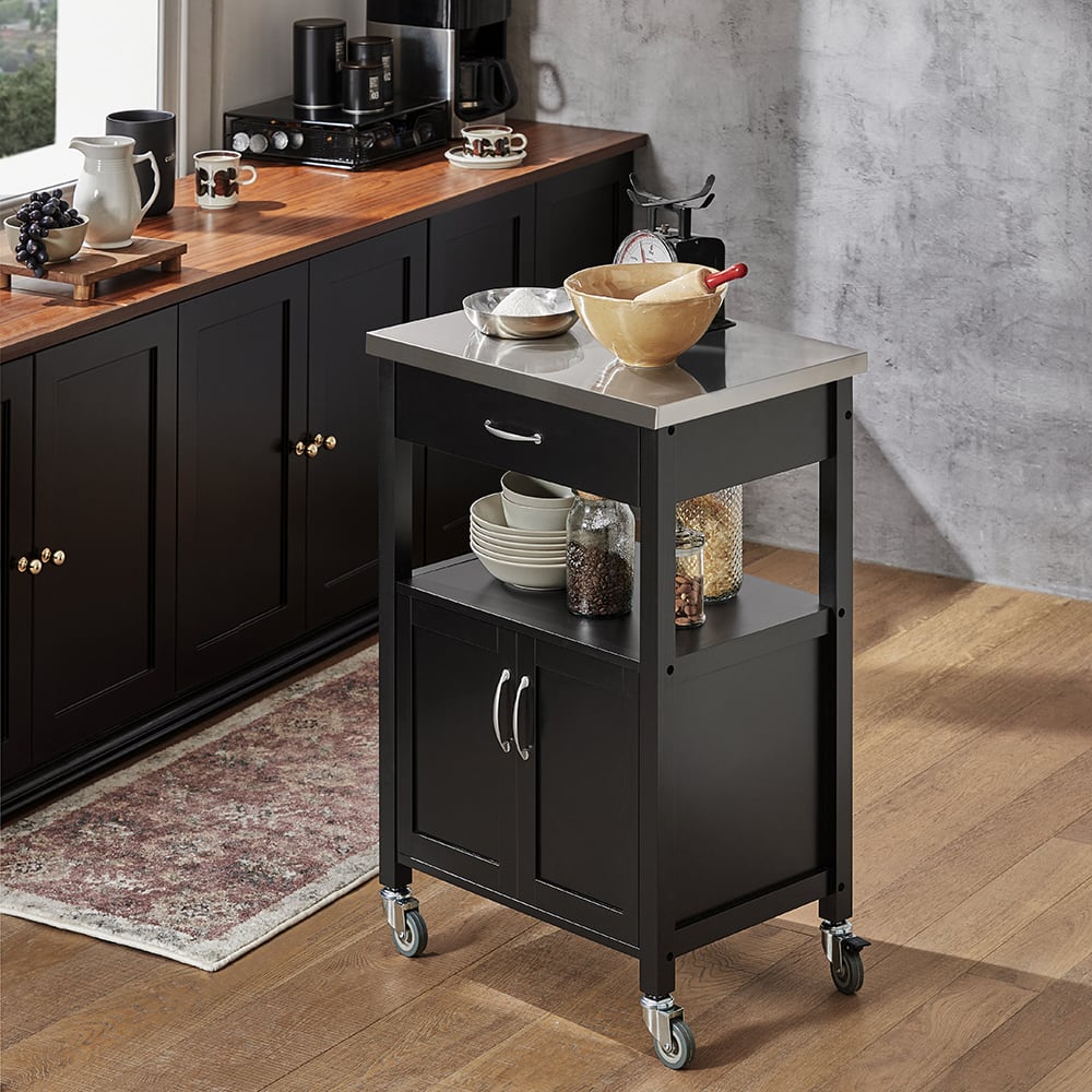 Desserte effet bois noir à roulettes 1 tiroir 2 portes - Maisons du Monde