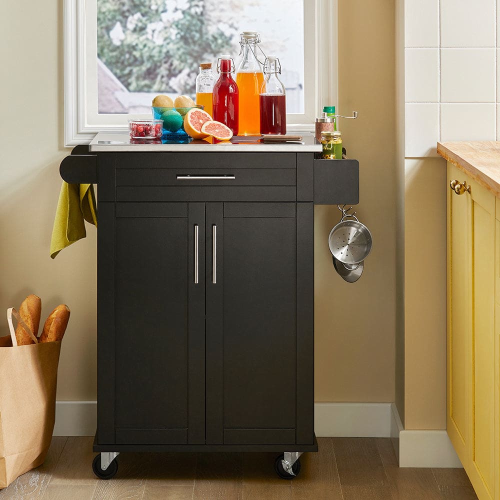 Desserte roulante de cuisine avec 1 tiroir et 2 portes effet bois noir