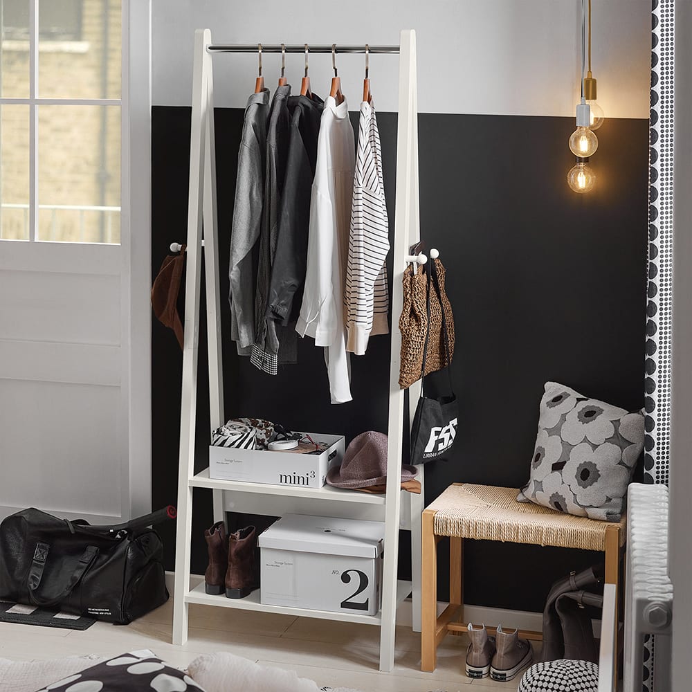 Porte-Vêtement 2 étagères effet bois blanc