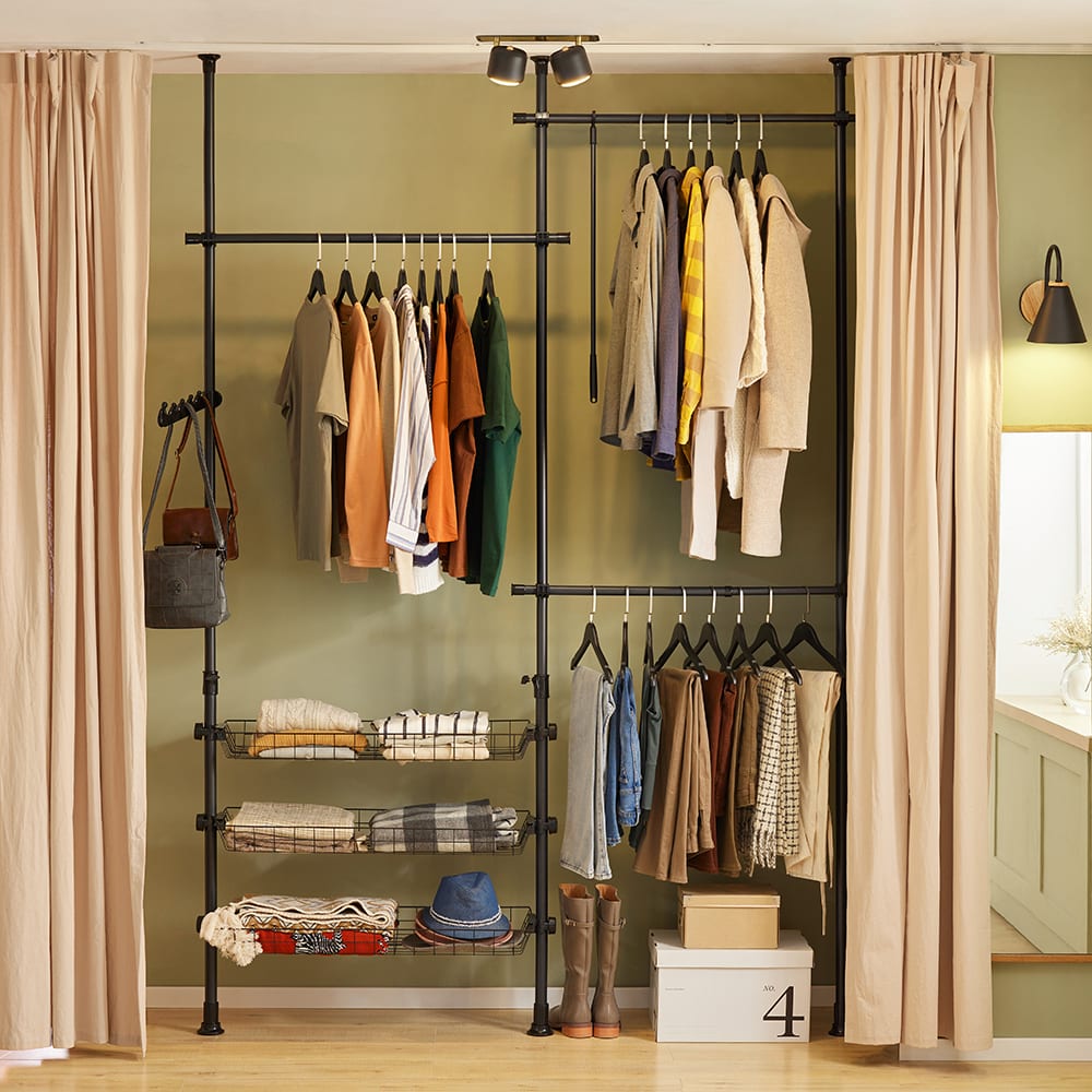 Portant de vêtement 3 barres 3 paniers cadre en métal noir