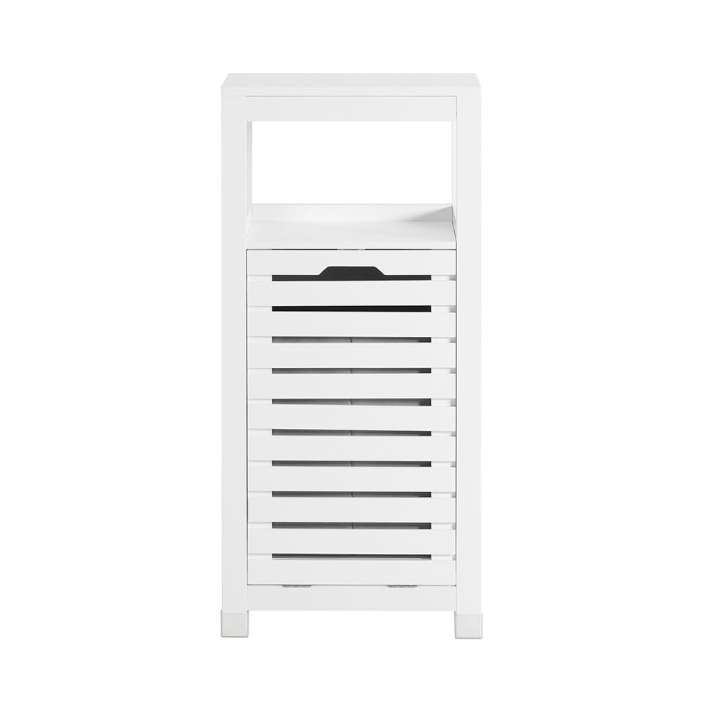 Armario para baño con 1 cesto para ropa sucia madera blanco