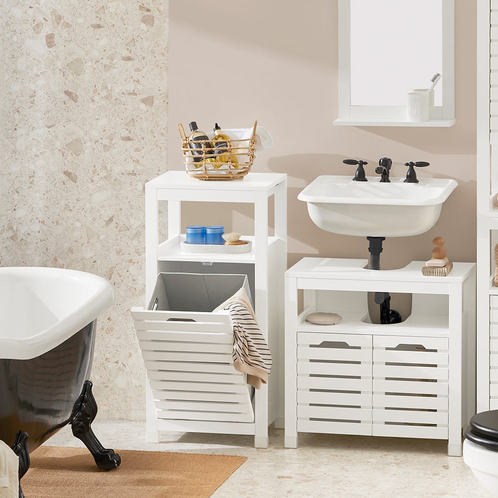 Meuble bas de salle de bain 1 panier bac à linge effect bois blanc