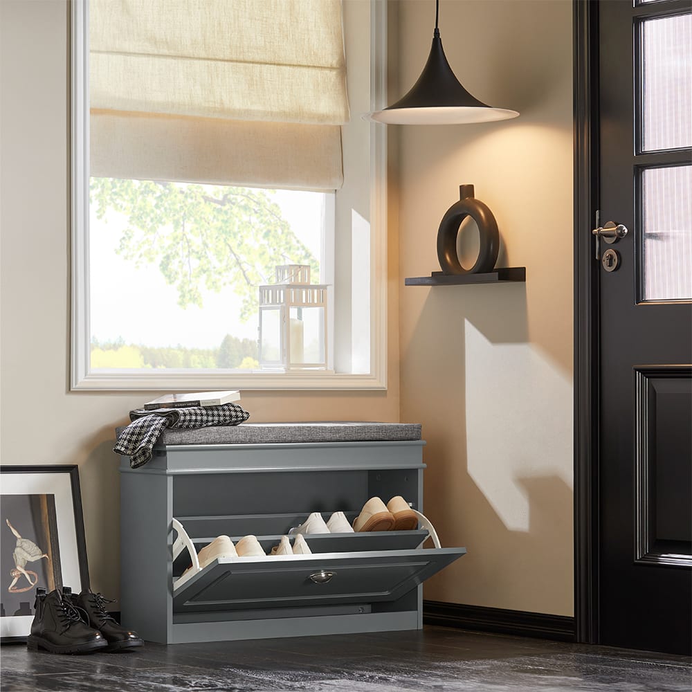 Banc d'entrée 1 porte abattante effet bois gris