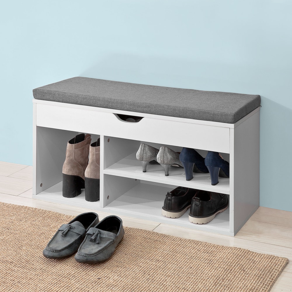 Banc à chaussures 2 étages avec coussin gris effet bois - Maisons du Monde