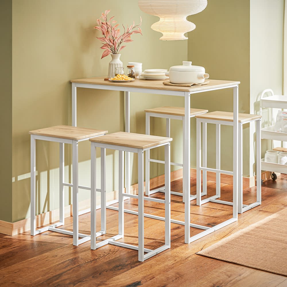 Set de 1 table et 4 tabourets de bar effet bois et métal blanc - Maisons du Monde