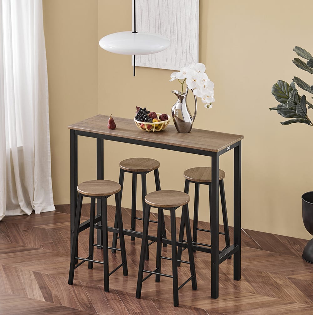 Set de 1 table et 4 tabourets de bar effet bois et métal noir