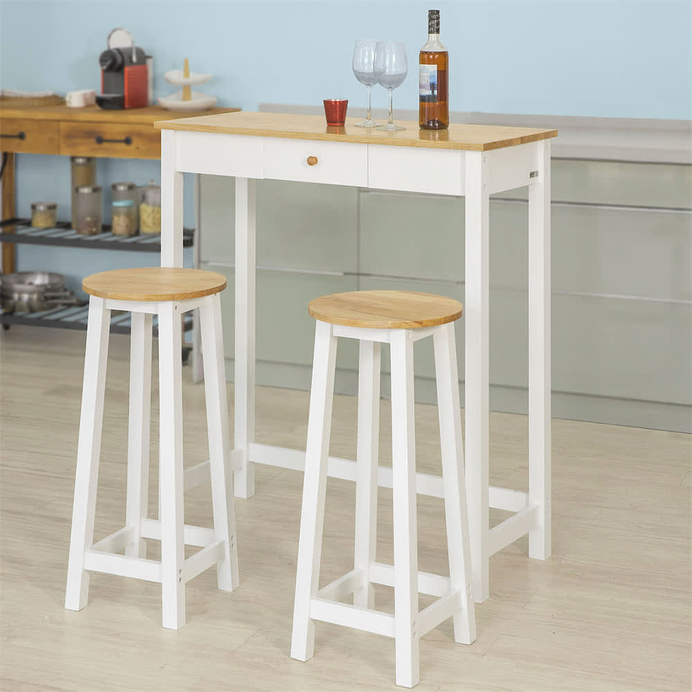 Set de 1 table et 2 tabourets effet bois blanc