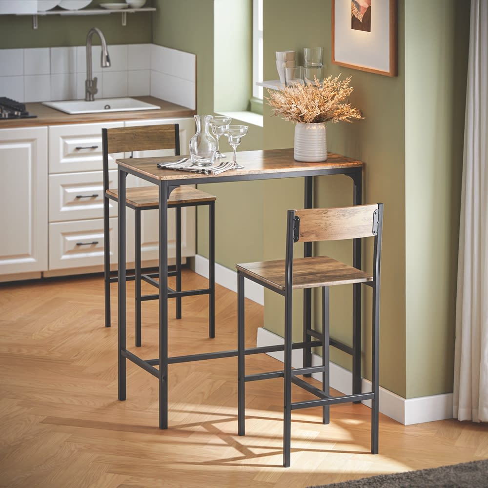Mesa alta de bar y 2 taburetes con respaldos metal color natural - Maisons du Monde