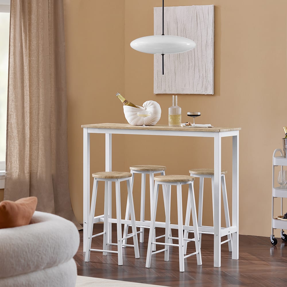 Set de 1 table et 4 tabourets de bar effet bois et métal blanc