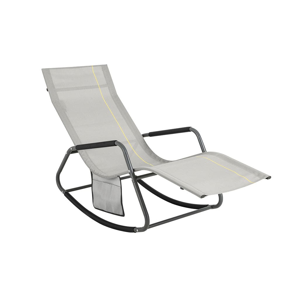 Fauteuil grise à bascule avec pochette et repose-pieds en métal