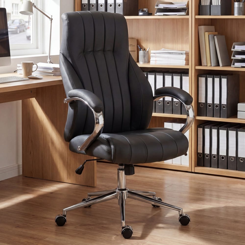 Silla de oficina giratoria regulable en cuero auténtico negro