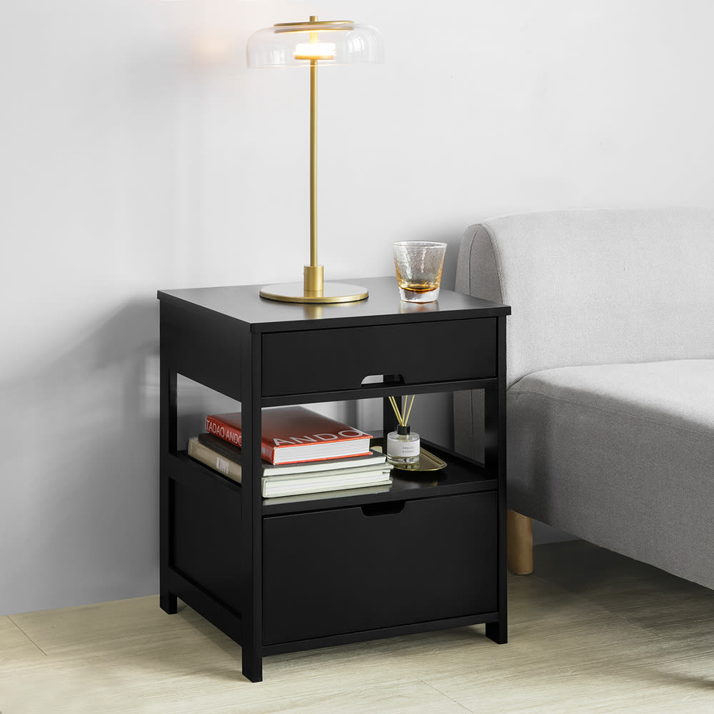 Table de chevet avec 2 tiroirs effet bois noir