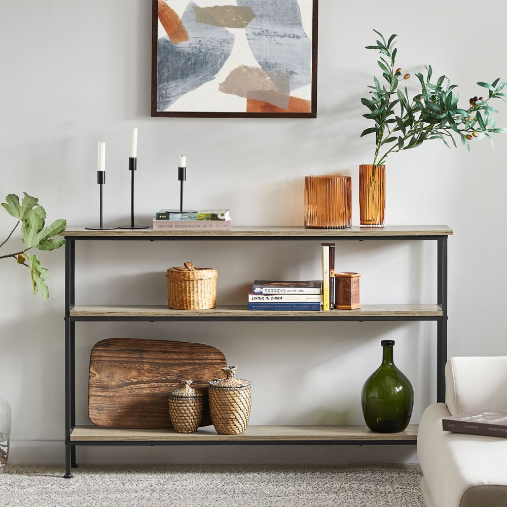 Table console 3 étagères effet bois naturel cadre en métal noir - Maisons du Monde