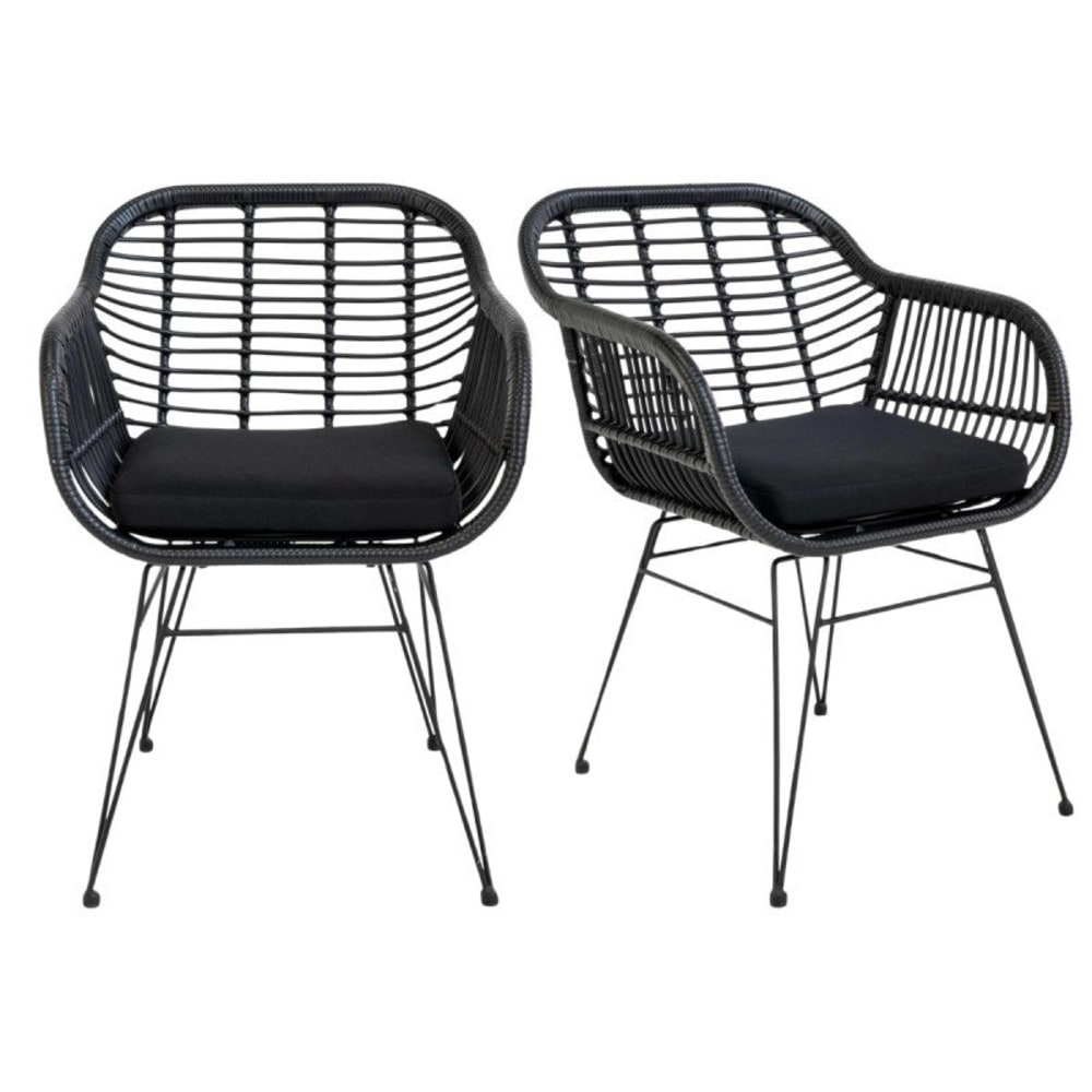 Lot de 2 chaises avec accoudoirs aspect rotin avec coussin AMIO