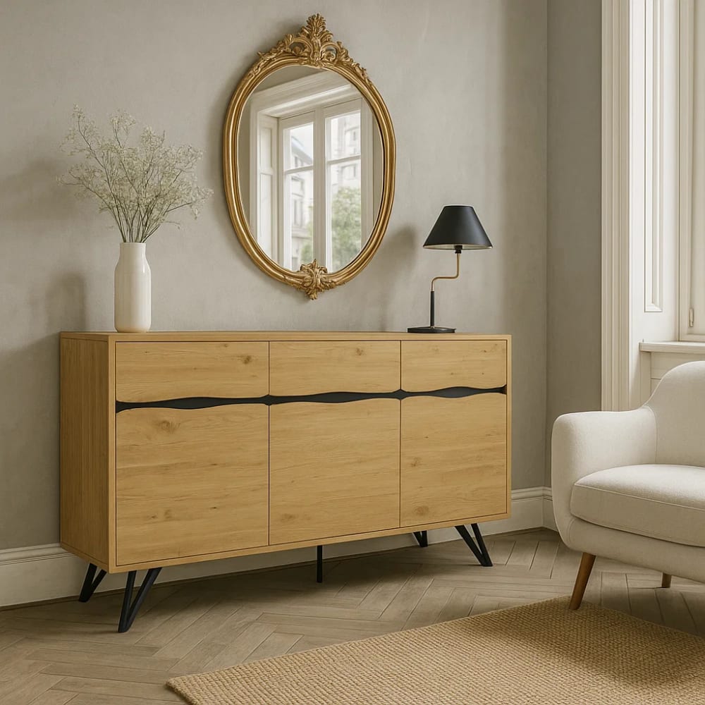 Credenza in legno naturale con cassetti e ante, gambe nere