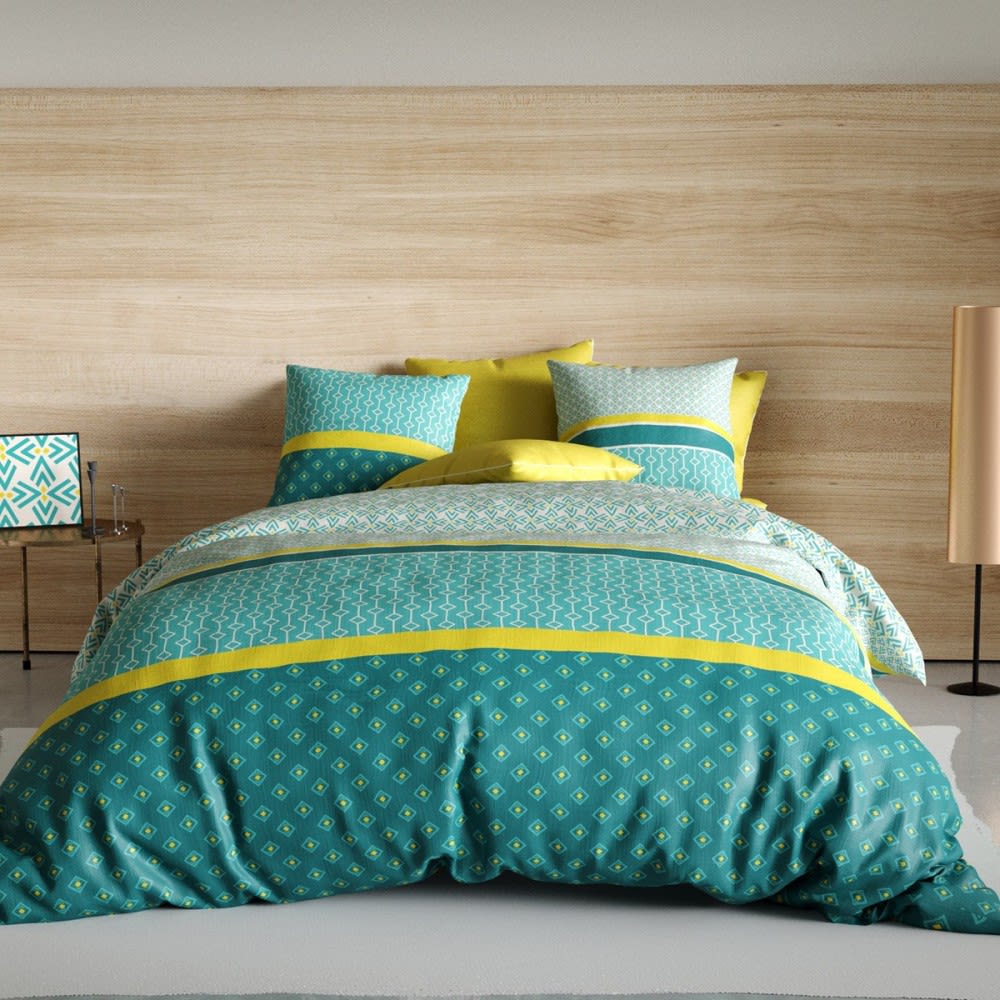 Atelier du coton Parure de couette 100% coton 57 fils imprimée 240x220cm 2 taies style classique chic Bleu