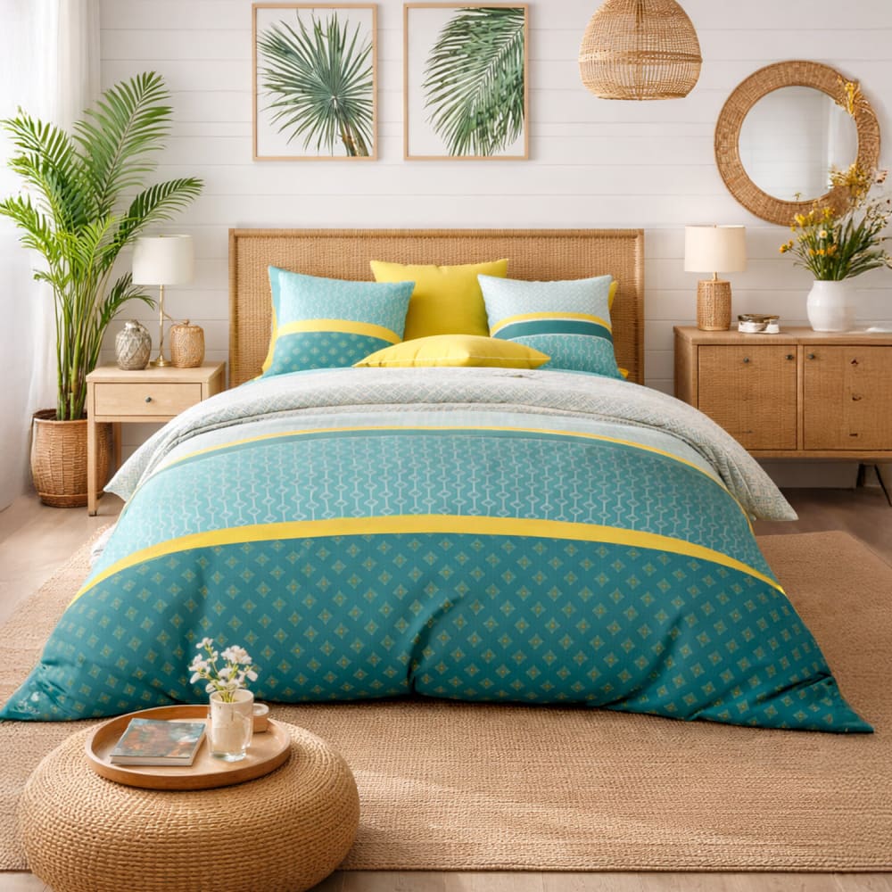 Parure housse de couette coton imprimée + 2 taies 260x240 cm