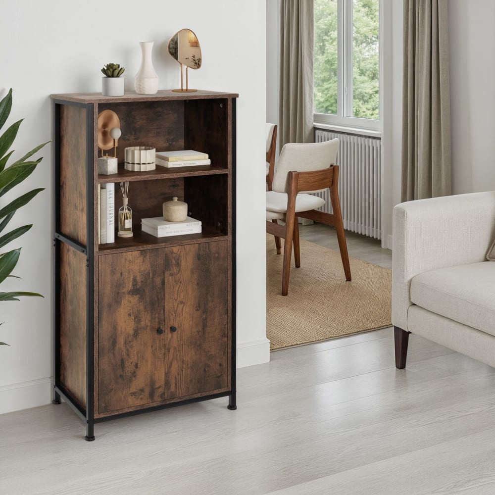 Buffet style industriel pieds réglables 60 x 38 x 125 cm bois foncé