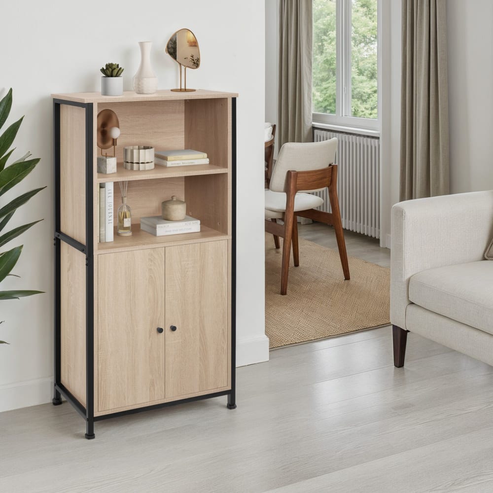 Buffet style industriel pieds réglables 60 x 38 x 125 cm bois clair