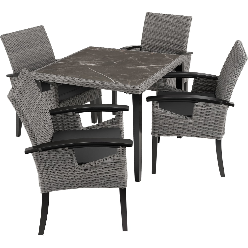 Ensemble Table en rotin 4 chaises cadre solide en bois Accoudoirs gris