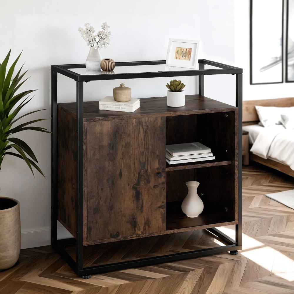 Commode style industriel en bois et acier bois foncé