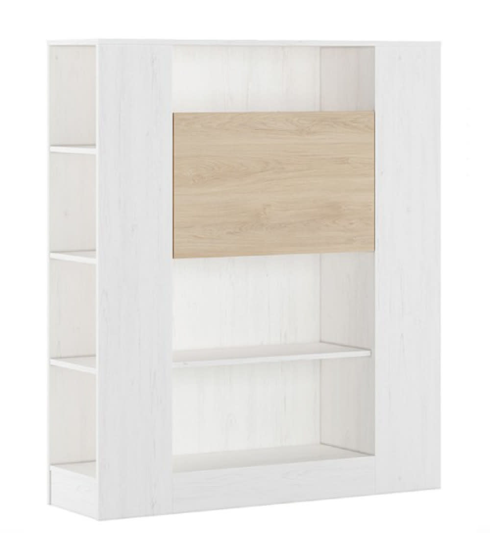 Mueble estantería multifunción mesa abatible en blanco y roble