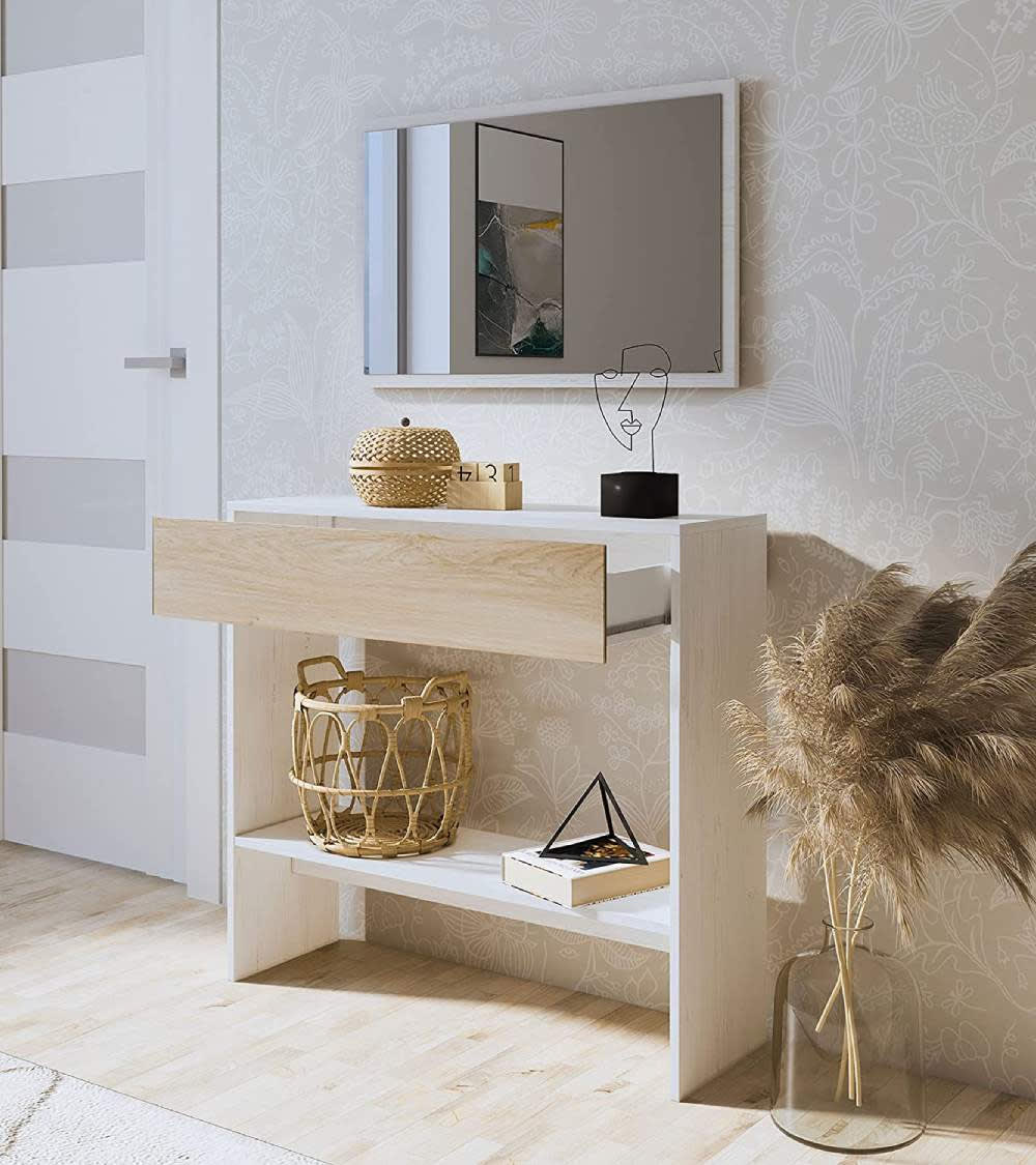 Recibidor con espejo, gran cajón y estante inferior en blanco y roble - Maisons du Monde