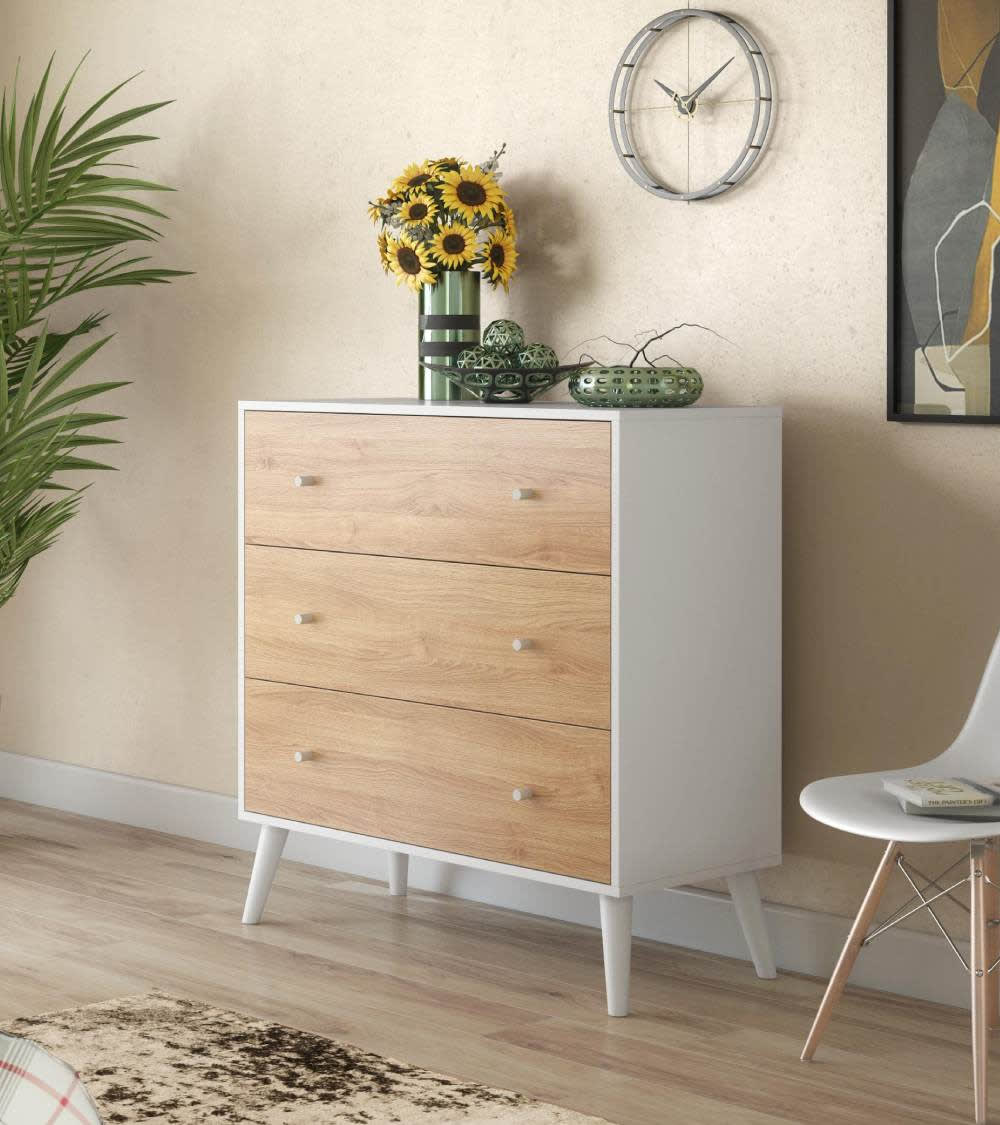 Cómoda 3 cajones estilo nórdico blanco y roble - Maisons du Monde