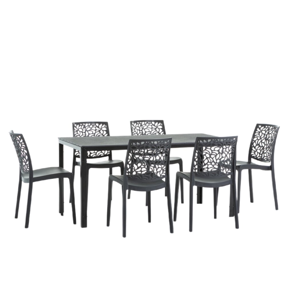 Ensemble table rectangulaire noire et 6 chaises en résine noires