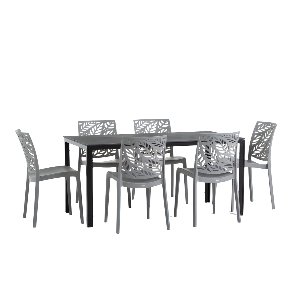Ensemble table rectangulaire anthracite et 6 chaises en résine gris