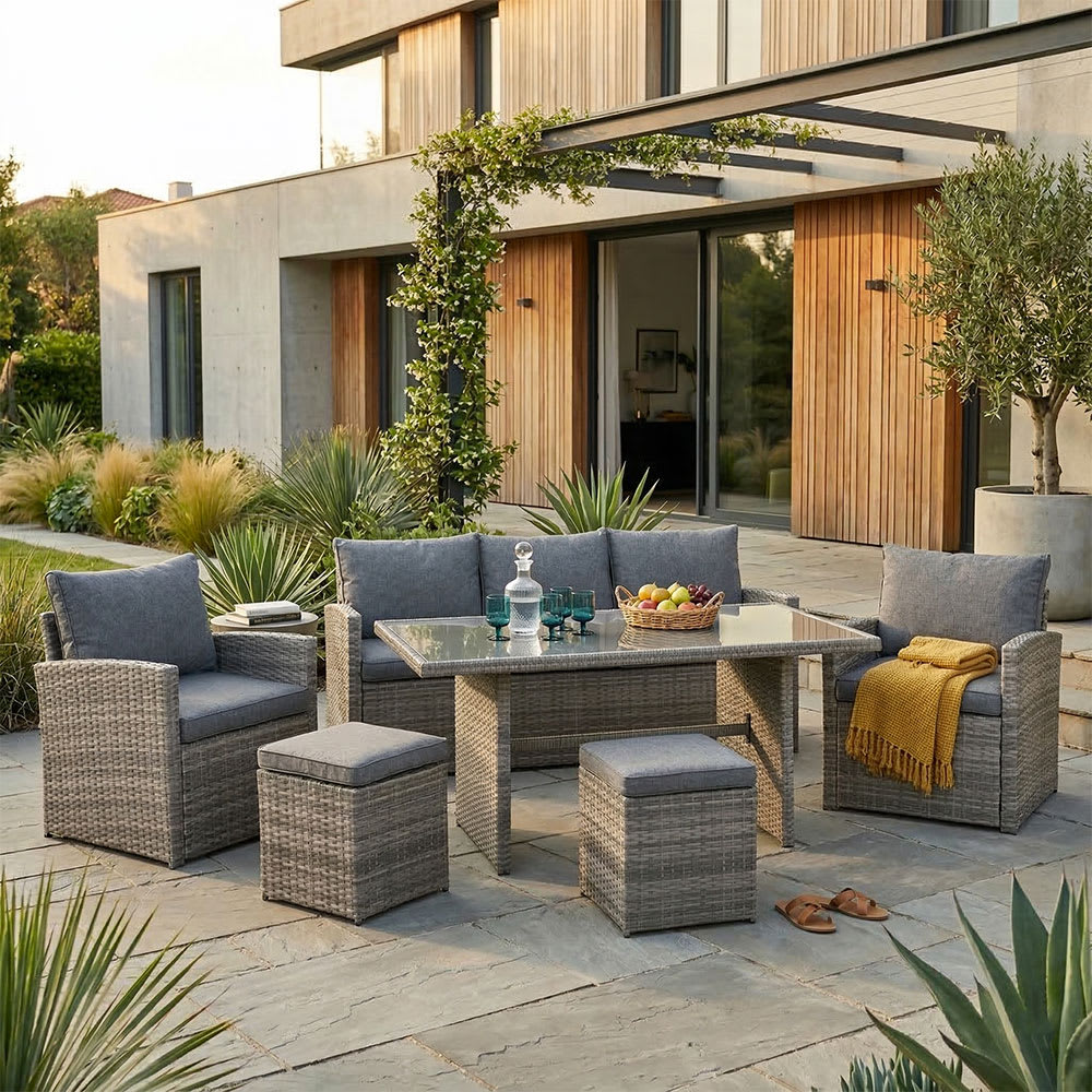 Set da giardino pranzo/cena 7 posti in polyrattan grigio -