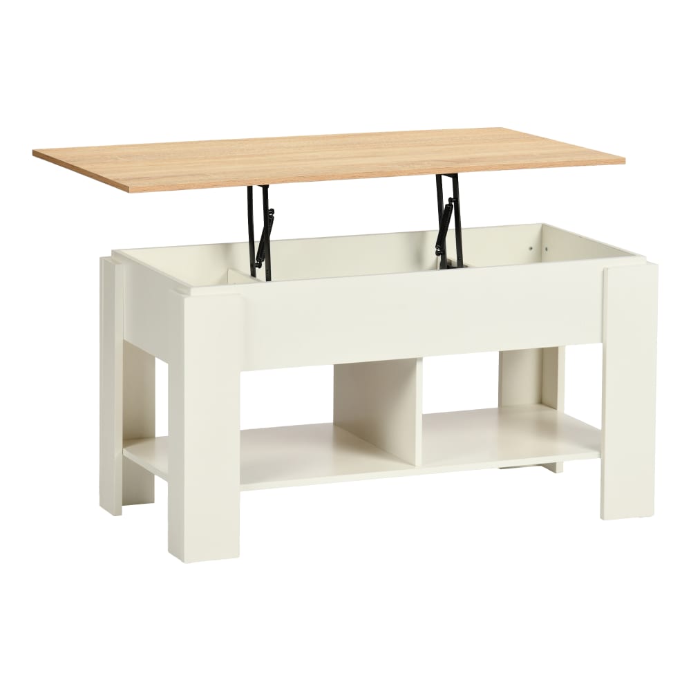 Table basse blanche avec plateau relevable effet bois