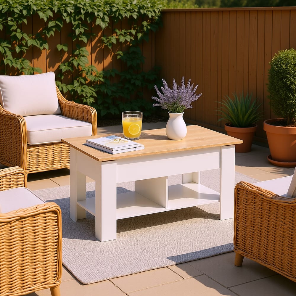 Table basse blanche avec plateau relevable effet bois