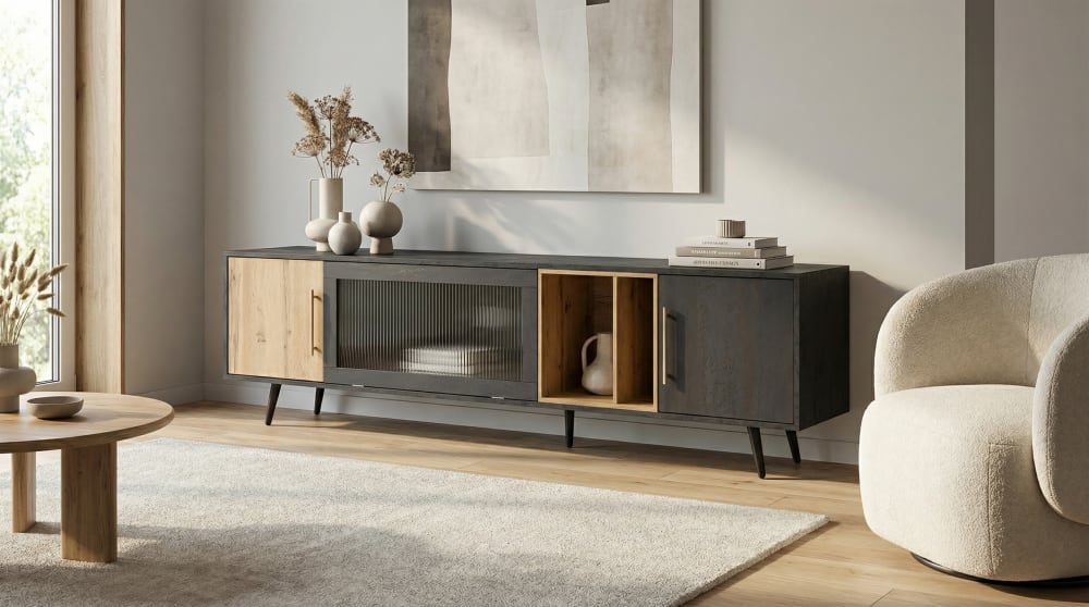 Buffet bas noir et bois avec niches ouvertes et porte coulissante