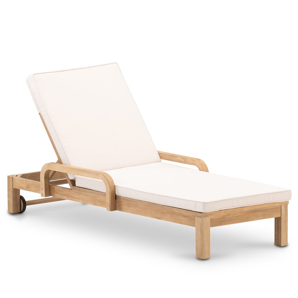 Chaise longue en bois avec coussins et roues