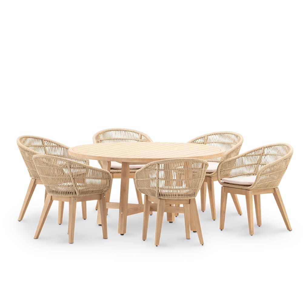Ensemble de jardin table ronde 150 et 6 chaises corde beige