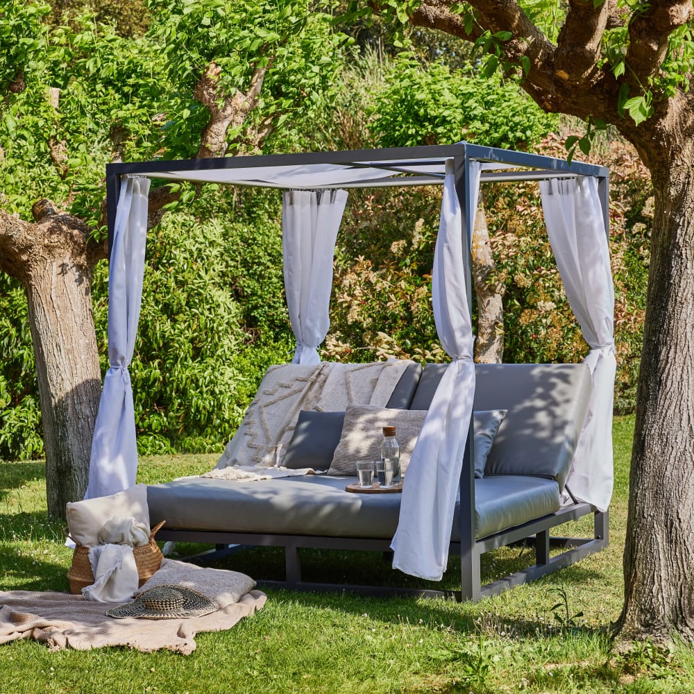 Letto balinese in alluminio antracite cuscino grigio - Defora