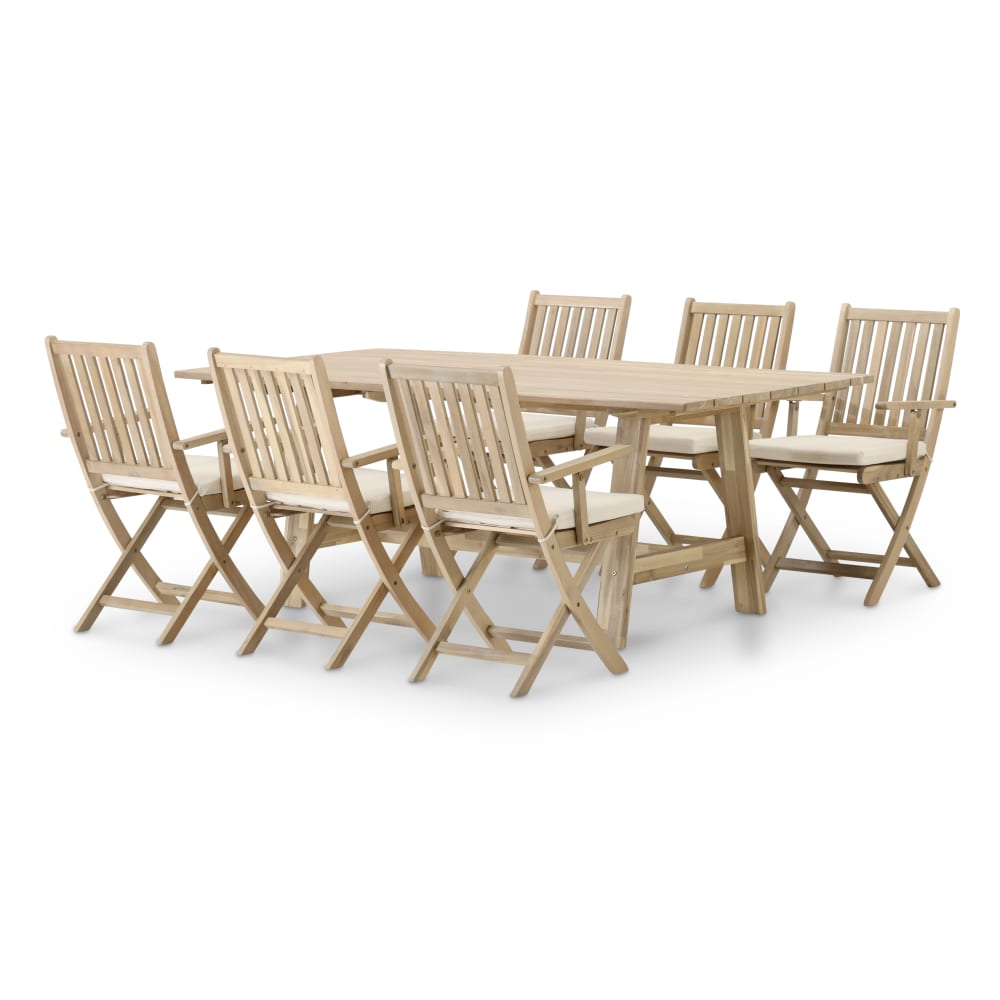 Set tavolo fisso doghe larghe 200x100 + 6 poltrone con cuscini - Marrone - LEGNO