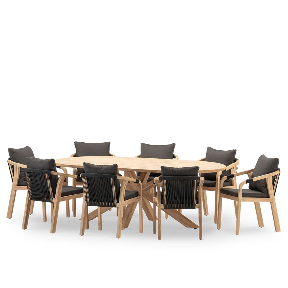Table ovale de jardin 220x115 et 8 chaises en corde noire
