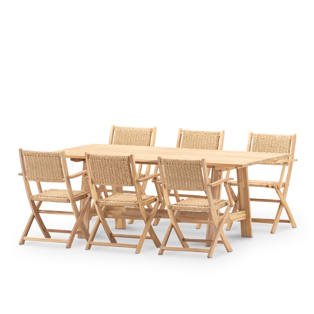 Ensemble table fixe large lattes 200x100 + 6 fauteuils rotin synth