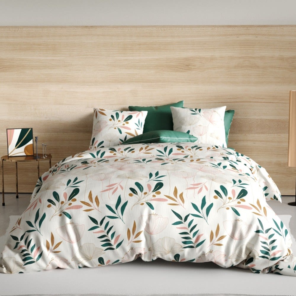 Atelier du coton Parure de couette 100% coton 57 fils imprimée 240x220cm 2 taies style contemporain Beige