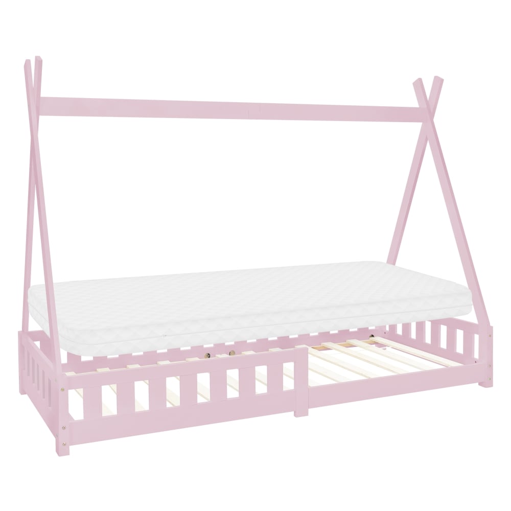 Lit tipi enfant 90x200 cm sommier matelas et barrière inclus bois rose