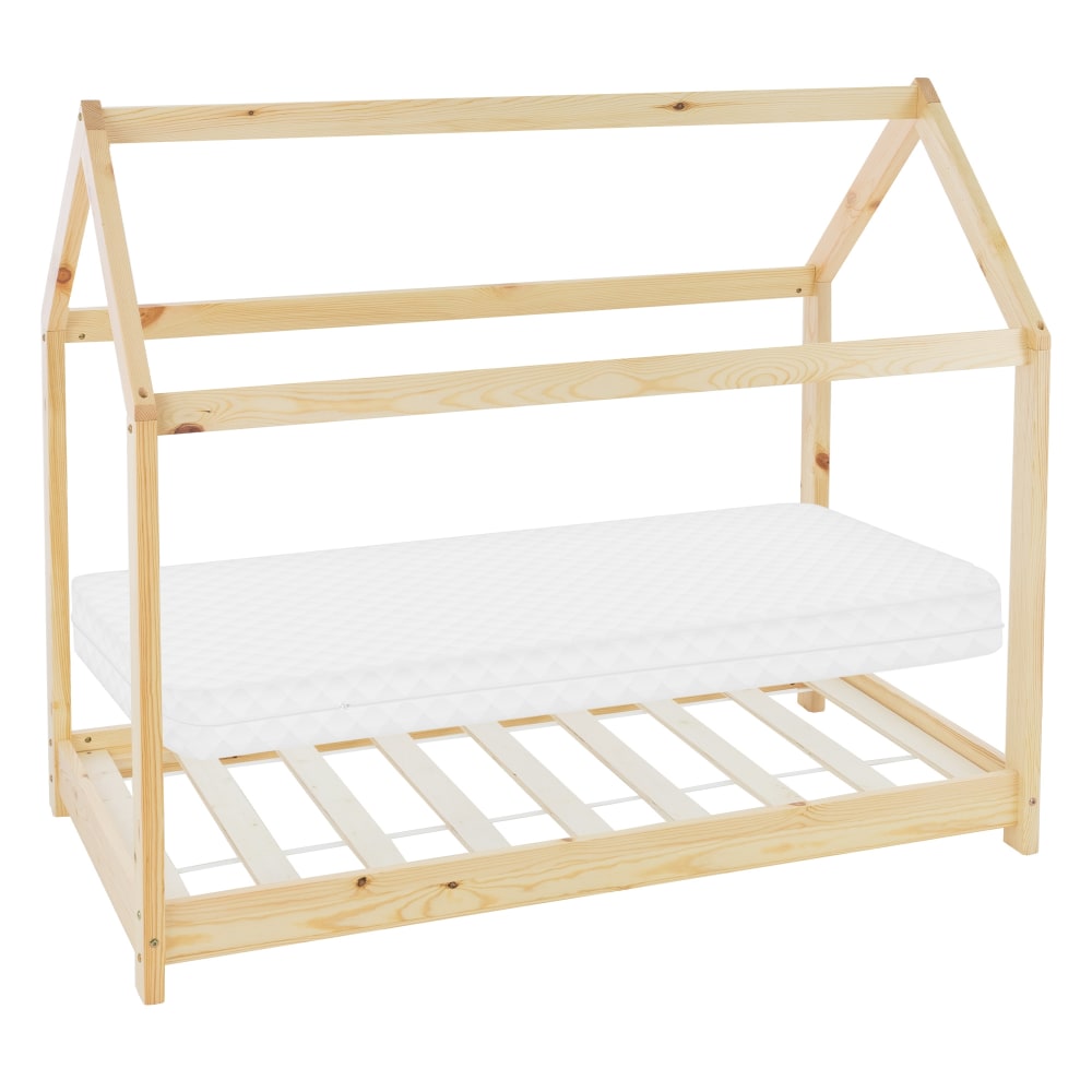 Lit cabane enfant 70x140 cm matelas et sommier inclus bois beige