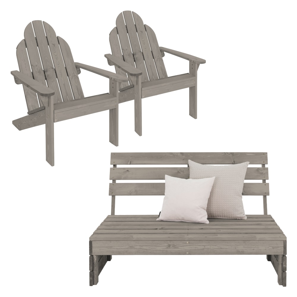 Banco de jardín con respaldo y 3 sillas adirondack madera maciza gris