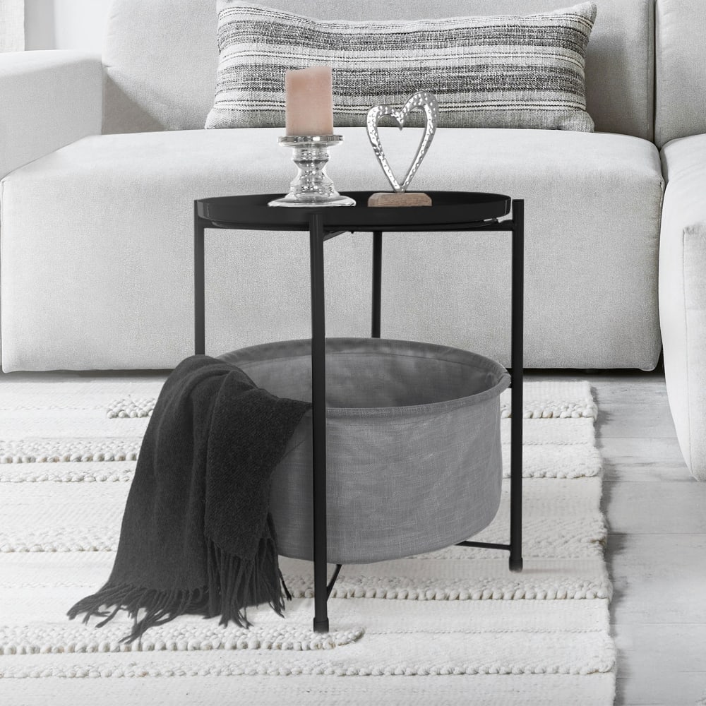 Mesa redonda Ø 45,5 X 52,5 cm negro/gris con ceste de tela y bandeja - Maisons du Monde