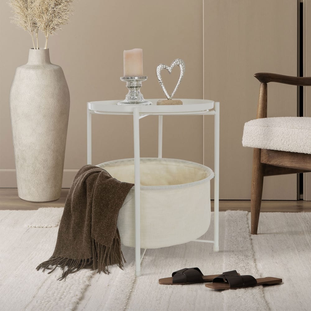 Mesa redonda Ø 45,5 X 52,5 cm blanco metal con ceste de tela y bandeja - Maisons du Monde